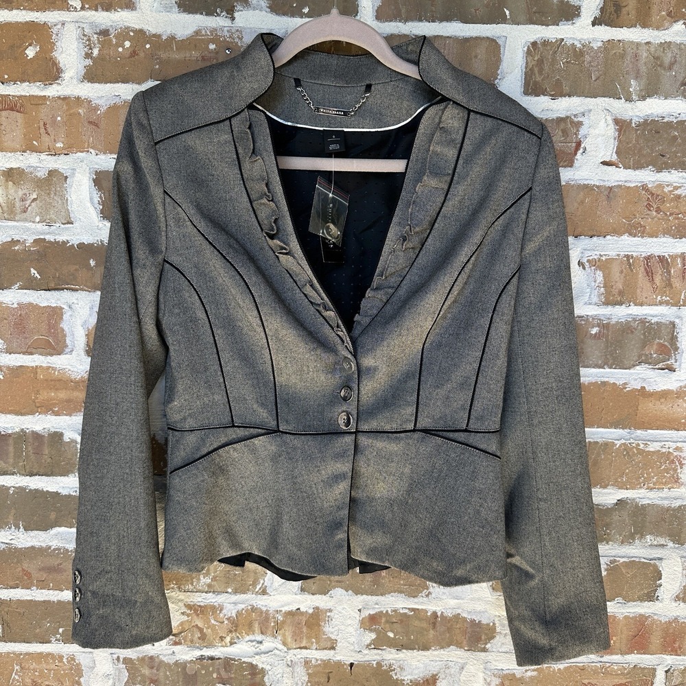 White House Black‎ Market Blazer Taupe Brown Black Ruffle Trim Jacket 6 NWT